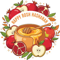 Circular Rosh Hashanah Design: Apples, Pomegranates, and Honey Frame