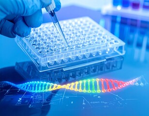 Biotech Laboratory Scene with Pipette and DNA Sequencing Data