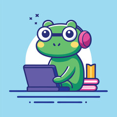 Cute cartoon frog wearing glasses and headphones sitting at a desk with a laptop and books studying or working online in a fun and whimsical illustration style
