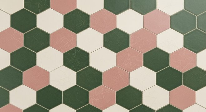 Hexagonal tiles pattern with green pink and white colors creating an abstract mosaic