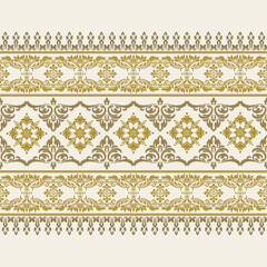 Elegant white and gold damask pattern with ornamental borders, perfect for fabric, wallpaper, and luxury decorative projects.