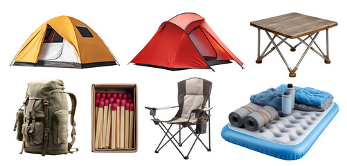 Set of camping camper essential supplies, folding table chair, tent, sleeping mattress blanket, flask bottle, matchsticks, backpack, transparent cutout PNG. Many different Mockup for design
