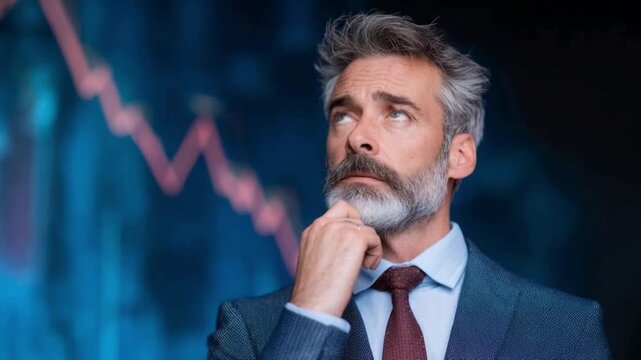 Contemplating Financial Downfall: A focused older man with gray hair, draped in a suit, pondering a red graph illustrating the potential for monetary failure.