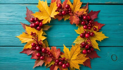 Autumn leave wreath with berries on a teal wooden background, symbolizing fall, harvest, and seasonal decoration