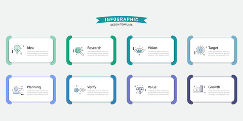 Fototapeta premium Timeline Creator infographic template. 8 Step timeline journey, calendar Flat simple infographics design template. presentation graph. Business concept with 8 options, gantt vector illustration.