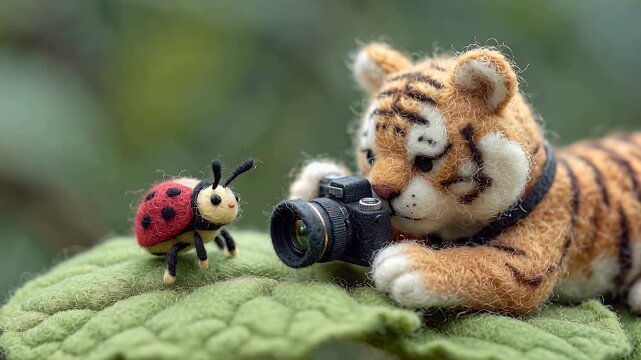 Miniature tiger photographer and ladybug on green leafy surface