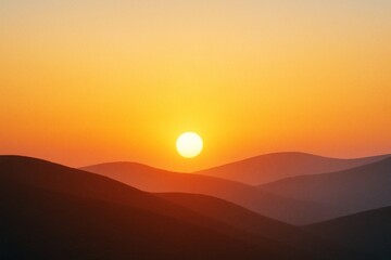 Glowing sun setting over smooth mountain silhouettes in warm orange gradient light, creating a peaceful abstract nature background scene. Ai generative