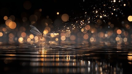 Macro abstract bokeh of a water fly with shimmering light orbs and floating droplets on black background