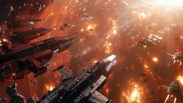 Armada of futuristic starships cuts through an asteroid field toward a burning red planet, epic interstellar battle scene with explosions, engines blazing and cosmic danger looming