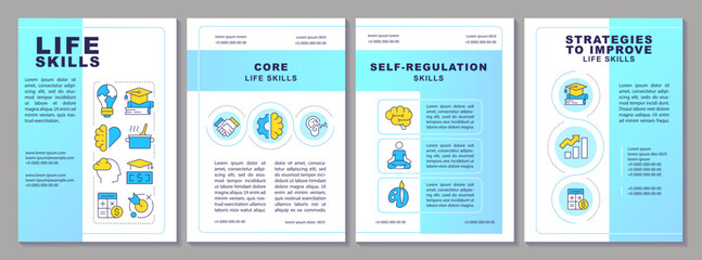 Life skills blue brochure layout. Core values, self regulation and improvement strategy. Leaflet advertising design with color line icons. Editable 4 pages. Arial, Myriad Pro-Regular fonts used