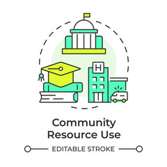 Naklejka premium Community resource use multi color concept icon. Visiting public facilities. Services for citizens. Life skill. Round shape line illustration. Abstract idea. Graphic design. Easy to use in article