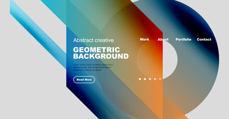 Modern website design features vibrant geometric shapes, text, navigation menu. Clean layout promotes visual appeal, user experience.