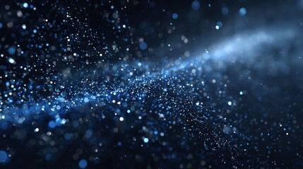 Floating dark blue particles on soft abstract background with bokeh light orbs and glitter dust, elegant backdrop with copy space for wallpapers, web headers, presentations, and social media banners