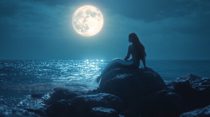 A serene nighttime scene with a silhouette of a mermaid by the ocean. The full moon casts a magical glow on the water. Mystical and enchanting elements captivate the viewer. Generative AI
