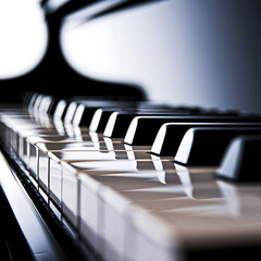 Image is an abstract close-up photograph of a piano keyboard, emphasizing the glossy, reflective surfaces of the black and white keys. 