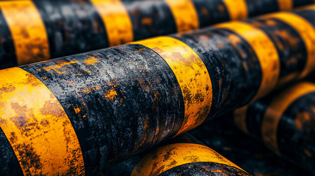 Close-up of textured pipes with black and yellow stripes, showcasing weathered surfaces and an industrial aesthetic. - Powered by Adobe