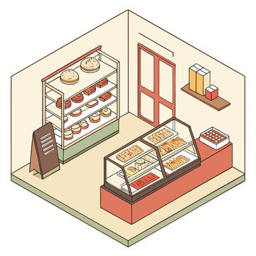 Vector art of isometric bakery shop with pastry display case, bread shelf, and menu board freshly baked goods in a cozy bakery interior