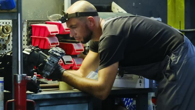 Mechanic inspects air conditioning compressor in service center. Professional studies structure and malfunctions of part leaning elbows on table