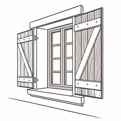 Illustration of a window with open wooden shutters, showcasing architectural detail and design elements in a simple, clean style for creative projects