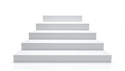 Simple white stairs ascend, five steps high, isolated on a pure white background