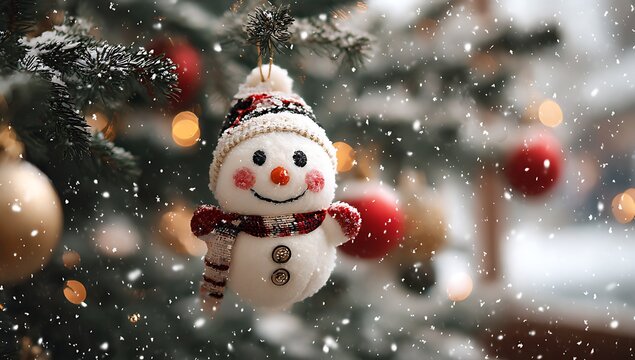 Festive snowman ornament hangs amidst a blurred christmas tree background - Powered by Adobe