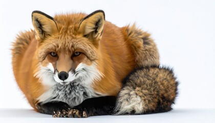 A red fox curled up, gazing forward with intelligent eyes against a white backdrop