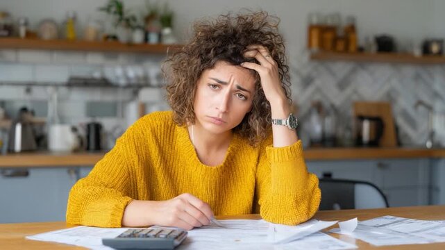 Financial Strain: A woman struggles with financial burdens, a poignant portrayal of the stresses associated with debt. The image features a woman immersed in deep thought.