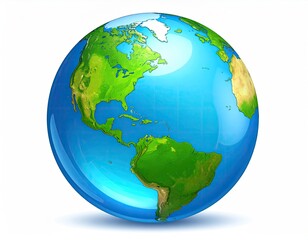 Shiny, glossy blue and green rendering of Earth with vibrant continents, isolated
