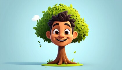 Animated Man Tree Hybrid with Green Leaves and Brown Trunk Against Blue Gradient Background