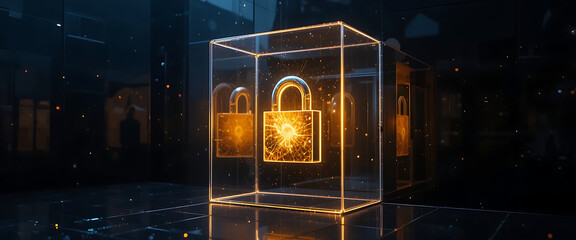 Dark gradient wall on left side, glowing central gold gradient metal 4d lock in glass cube, subtle shimmering reflections, abstract cyber style,