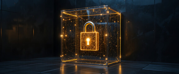 Dark gradient wall on left side, glowing central gold gradient metal 4d lock in glass cube, subtle shimmering reflections, abstract cyber style,