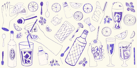 Hand drawn collection of summer drinks and cocktail ingredients with purple outlines on a light background