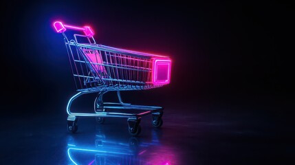 Neon shopping cart with vibrant pink and blue lights, creating a modern and futuristic shopping experience