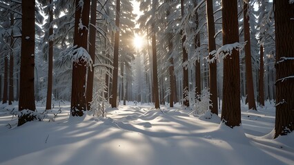 The sun shining through tall trees covered in snow in a dense winter forest creating long shadows on the ground. Winter concept