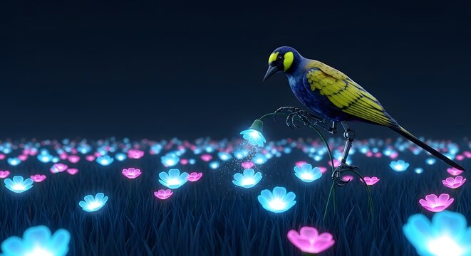 Illustration of a robotic nightingle pollinating a field of glowing neon flowers
