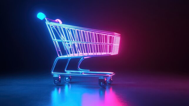Neon shopping cart with vibrant pink and blue lights, creating a modern and futuristic shopping experience - Powered by Adobe