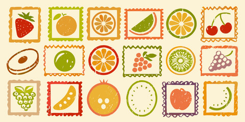 Collection of stylized fruit and vegetable icons in postage stamp frames with a textured hand drawn aesthetic