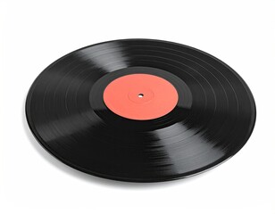 Obraz premium Close-up of a shiny black vinyl record with a vibrant red center label