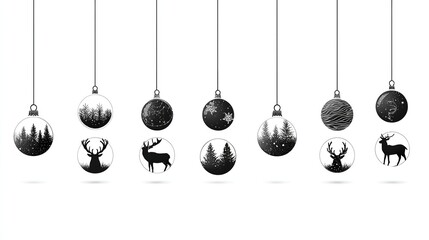 Christmas ornaments with nature motifs, black - white designs of trees and deer, hanging on white background, flat style, copy space