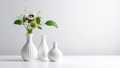 Arrangement of White Vases with Delicate Pink Flowers and Greenery Against a Plain White Background