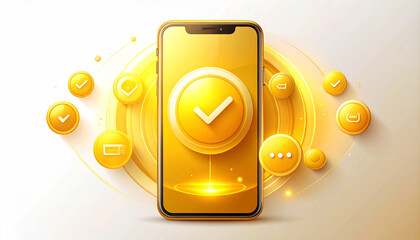 Golden smartphone with checkmark on screen, surrounded by icons, glowing light effect, and abstract background.