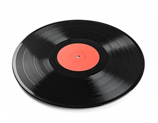 Obraz premium Close-up of a shiny black vinyl record with a coral-colored label on white