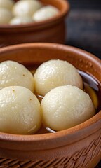 Fototapeta premium Closeup of delicious rasgulla dessert in a clay bowl, a popular indian sweet