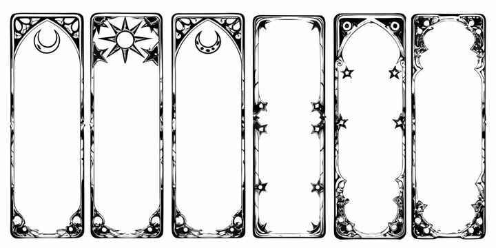 Collection of six ornate art nouveau style vertical frames with celestial motifs like moons and stars