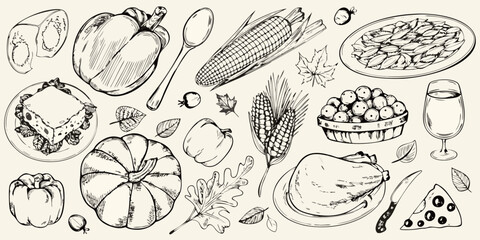 Hand drawn sketch of a thanksgiving feast with roasted turkey pumpkin corn peppers and autumn leaves