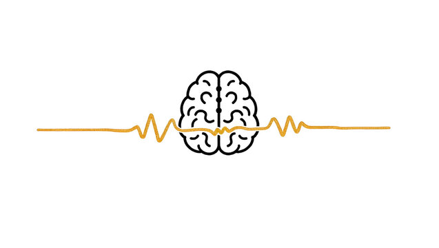 Alpha wave A minimalist line drawing of a brain, with a single flowing gold alpha wave running through the center, the entire image cleanly isolated on a pure white(3)