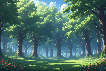 Sunlight filters through lush green trees in a serene forest clearing creating a peaceful and inviting natural landscape