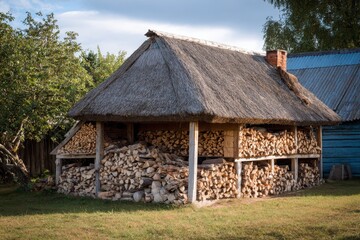 Obraz premium Firewood Rack. Traditional Woodshed in Belarusian Village Near Polatsk