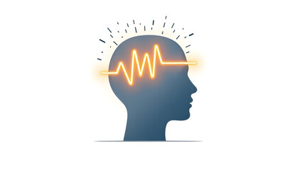 Alpha wave A simple linear illustration of a head in profile, alpha wave lines radiating from the forehead as soft golden arcs, perfectly isolated on a white(1)