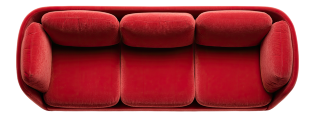 Overhead view of a three-cushion, crimson velvet sofa with rounded edges